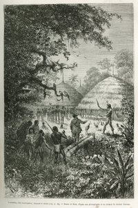 Yacouman, Roucouyenne-Häuptling, Stamm von Guayana am Ufer des Oyapock, der den Teufel vertreibt, er geht nach der Geburt eines Kindes durch das Dorf und besprengt mit einem Federpinsel eine milchig-weiße Flüssigkeit, Illustration nach einer Zeichnung von  von Edouard Riou