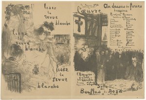 Umschlag Programmheft mit Werbung für La Revue Blanche und Ankündigung des Theaterstücks Au-dessus des forces humaines