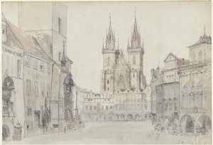Teynkirche und Rathaus in Prag von Eduard Gaertner