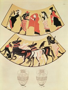 Entwürfe von einer etruskischen Vase, die eine Prozession von Priestern und das Abstecken der Grenzen einer neuen Stadt mit einem von Ochsen gezogenen Pflug darstellt von Eduard Gerhardt