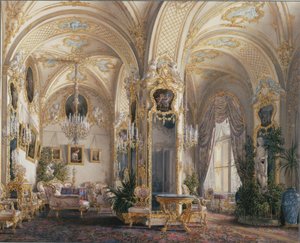 Innenräume des Winterpalastes. Das Wohnzimmer im Rokoko-Stil mit Putten, 1860er Jahre