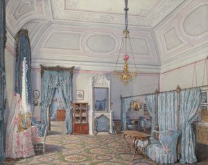 Innenräume des Winterpalastes. Das fünfte reservierte Apartment. Das Schlafzimmer der Großprinzessin Maria Alexandrowna, 1873