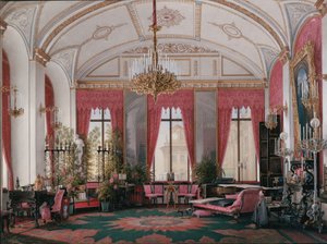Innenräume des Winterpalastes. Das Himbeerzimmer von Kaiserin Maria Alexandrowna, 1860er Jahre von Eduard Hau