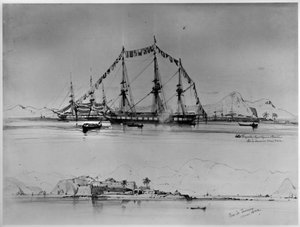 Dreimaster an der Küste und Ansicht eines Forts bei Rio de Janeiro