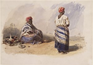 Zwei farbige Straßenhändlerinnen; die eine neben einem Tablett sitzend, die andere stehend in Rückenansicht von Eduard Hildebrandt