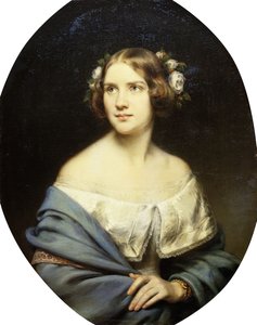 Porträt von Jenny Lind, stehend, halblang in einem weißen Kleid und einem hellblauen Schal