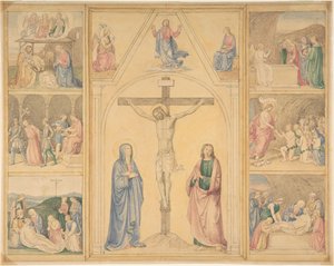 Christus am Kreuz mit sechs Szenen aus dem Leben Christi, ca. 1850