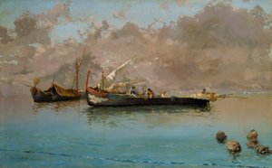 Marina mit Fischerbooten, von Eduardo Dalbono (1841-1915), Öl auf Leinwand, 64,5x104,5 cm