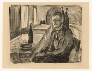 Selbstbildnis mit Weinflasche von Edvard Munch