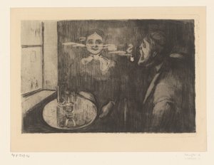 Frau und pfeiferauchender Mann an einem Tisch von Edvard Munch