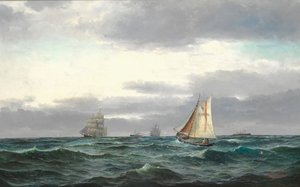 Marine mit mehreren Schiffen, graue Regenwolken und ein bisschen blauer Himmel von Edvard Skari
