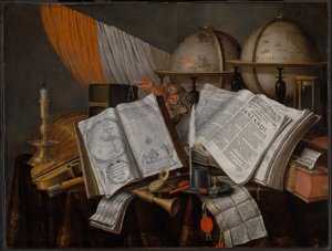 Ein Vanitas-Stillleben mit einer Flagge, einem Kerzenhalter, Musikinstrumenten, Büchern, Schreibutensilien, Globen und einer Sanduhr von Edwaert Collier