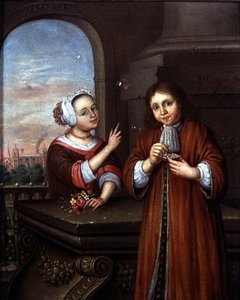 Mädchen zeigt auf einen Jungen, der in einer architektonischen Umgebung Seifenblasen bläst von Edwaert Colyer or Collier