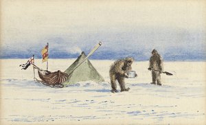Die Schlittenparty zur White Island, Februar 1902: Shackleton und Wilson beim Lageraufbau, 1902 von Edward Adrian Wilson