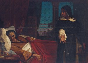 Eine verhüllte Gestalt vor dem Bett eines gequälten Mannes von Edward Armitage