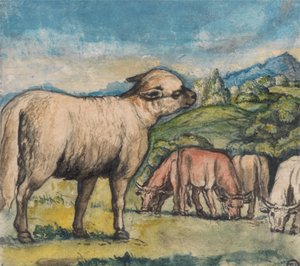 Lamm und Ochsen in einer pastoralen Landschaft