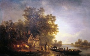 Flusslandschaft mit Bauern und Pferden, ca. 1860 von Edward Charles Williams