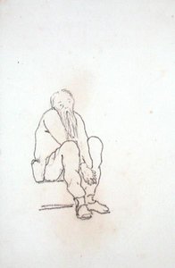 Selbstporträt des Künstlers, sitzend, mit den Händen zwischen den Knien, aus einem Album von Zeichnungen