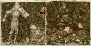 Ein Satz von sechzehn Fliesen, paarweise angeordnet, um acht Illustrationen der 