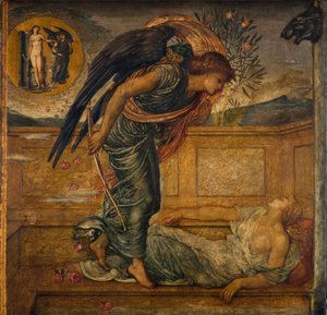 Amor und Psyche - Palace Green Wandgemälde - Amor findet Psyche schlafend an einem Brunnen, 1881 von Edward Burne Jones