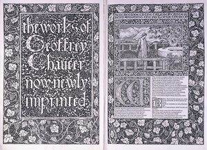 Titelseite und erste Seite aus der Kelmscott Press Ausgabe von "The Works of Geoffrey Chaucer", 1896