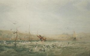 Fischer jagen Möwen von den Netzen, Mumbles, Südwales von Edward Duncan
