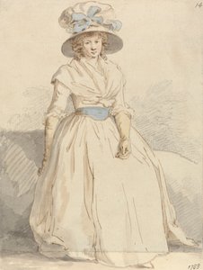Eine junge Dame sitzt in einem weißen Kleid von Edward Edwards