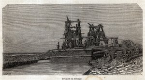 Bagger auf dem Suezkanal, Zeichnung von Grenet, zur Illustration eines Ausflugs zum Suezkanal im Jahr 1862 von Paul Merruau. Gravur in „Le tour du monde“, herausgegeben von Edouard Charton
