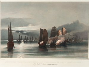 Angriff auf das Piratengeschwader von Chuiapoo, vor Tysami, China, in der Nacht des 28. September 1849 durch HMS Columbine, J C Dalrymple Hay, Esqr, Kommandant, ca. 1849 von Edward Hodges Cree