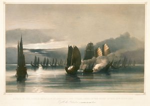 Angriff auf das Piratengeschwader von Chuiapoo, vor Tysami, China, 28. September 1849, Mitte des 19. Jahrhunderts (Lithographie)