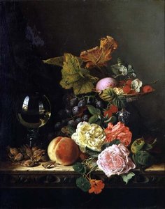 Ein Weinglas, Trauben, Nüsse und Rosen auf einem Sims von Edward Ladell