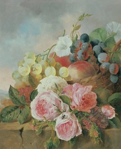 Stillleben mit Früchten und Rosen auf einem Sims von Edward Ladell