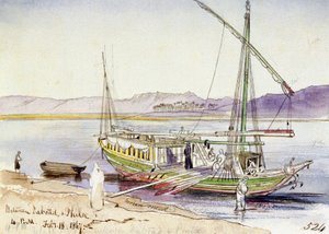 Ägyptisches Boot am Ufer des Nils, zwischen Daboad und Philae. Farbige Aquarellzeichnung