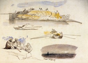 Fünf Skizzen von Luxor (Ägypten), drei Ansichten eines Hausbootes, das mit Stroh beladen ist, eine Skizze von fünf sitzenden Ägyptern und eine Landschaft in der Dämmerung von Edward Lear