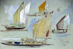 Studien von venezianischen Booten, bei voller Fahrt. Farbige Aquarellzeichnung, von Edward Lear (1812-1888).