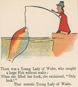 Es war eine junge Dame aus Wales, die einen großen Fisch ohne Schuppen fing, aus 