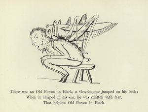 Es war eine alte Person in Schwarz, ein Grashüpfer sprang auf ihren Rücken von Edward Lear