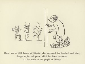 Es war eine alte Person aus Minety, die fünfhundertneunzig große Äpfel und Birnen kaufte von Edward Lear