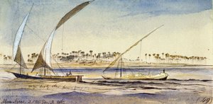 Zwei ägyptische Boote (ein Nuggar und ein Djem) segeln auf dem Nil, nahe Abu Ajees (Ägypten). Farbige Aquarellzeichnung