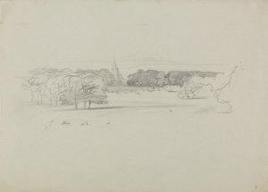 Blick über eine Wiese zu einer Kirche von Edward Lear