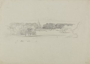 Blick über eine Wiese zu einer Kirche, 1834 von Edward Lear