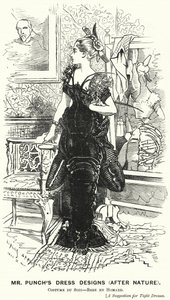 Punch-Karikatur: Mr. Punchs Kleiderentwürfe (Nach der Natur) - Hummerkleid (Stich) von Edward Linley (after) Sambourne