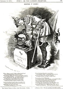 Unterdrückung. Otto von Bismarck (1815-1898), deutscher Kanzler, versucht, den Geist des Sozialismus zurück in seine Kiste zu zwingen. Die Bildunterschrift sagt ihm, dass jeder Akt der Unterdrückung wie ein Elixier für den menschlichen Wunsch nach mehr Fre