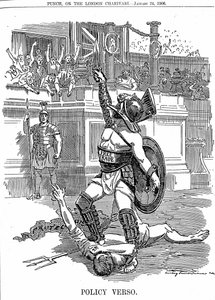 Mit der Rückkehr der liberalen Regierung in Großbritannien im Dezember 1905 war Freihandel die Politik, im Gegensatz zur konservativen Politik des Schutzes durch Zölle. Karikatur von Edward Linley Sambourne aus Punch London, 24. Januar 1906 von Edward Linley Sambourne