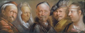 Studien von fünf Köpfen nach Rembrandt (Pastell auf Kupferplatte)