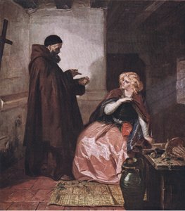 Julia und Pater Lorenzo (Romeo und Julia) Nimm das Fläschchen, wenn du dann im Bett liegst, und trinke diesen destillierten Likör, aus The Complete Works of William Shakespeare, veröffentlicht von J Coker & Co Ltd