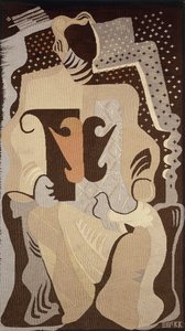 Ein Wandteppich, der eine Frau mit einer Taube auf ihrem Schoß zeigt