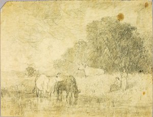 Landschaft mit Kühen am Teich, zwei Figuren