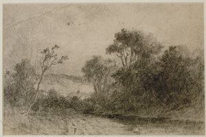 Landschaft mit Dächern hinter Bäumen (#49) ca. 1880er (Graphit auf Papier)