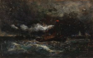Sturm, Brenton Leuchtfeuerboot im Sturm, Leuchtturm im Hintergrund, n.d.